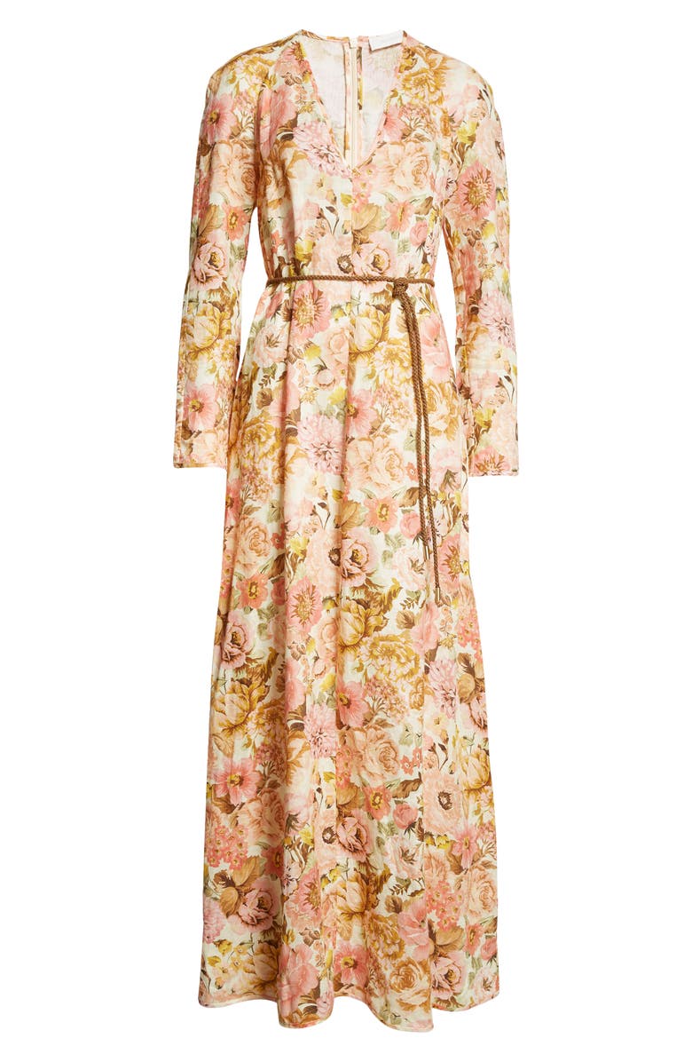 Zimmermann Golden Floral Print Long Sleeve Linen Maxi Dress, Alternate, color, 