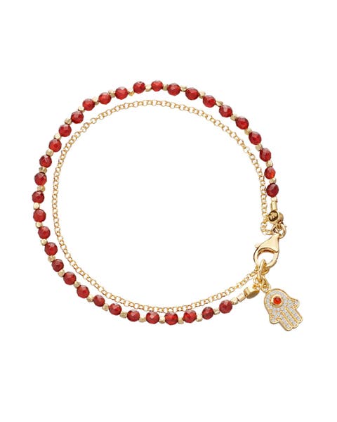 Gold Fine Biography Red Carnelian Hamsa Hand Bracelet