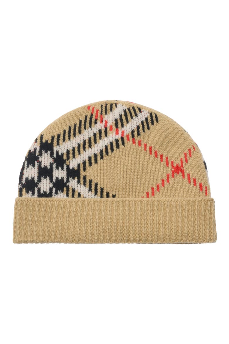 Core Jacquard Burberry Check Cashmere Blend Beanie, Main, color, SAND