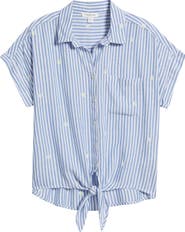 beachlunchlounge Rosie Embroidered Tie Front Short Sleeve Button-Up Shirt