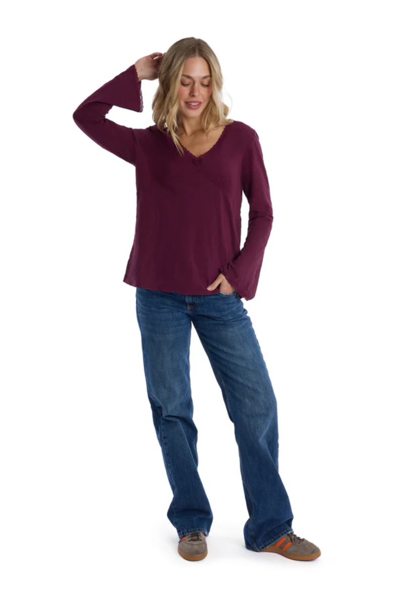 V-Neck Long Sleeve Empire Seam Trapeze Tee with Lace Trims, Alternate, color, Dark Fig