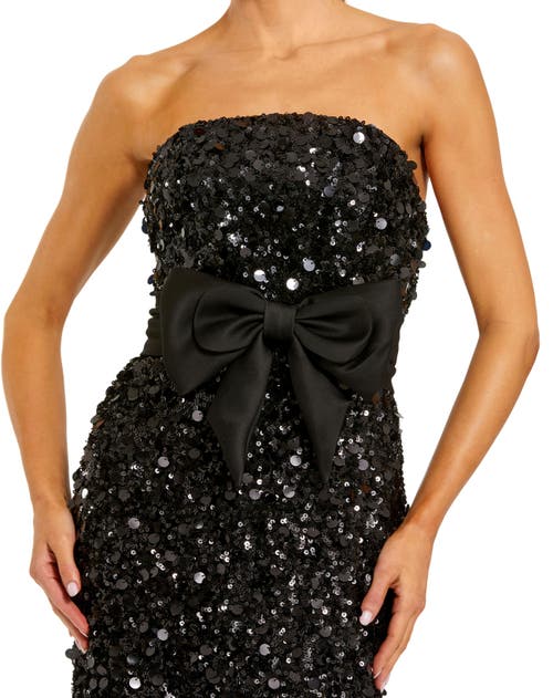 Mac Duggal Strapless Sequin Column Evening Gown With Bow In Black
