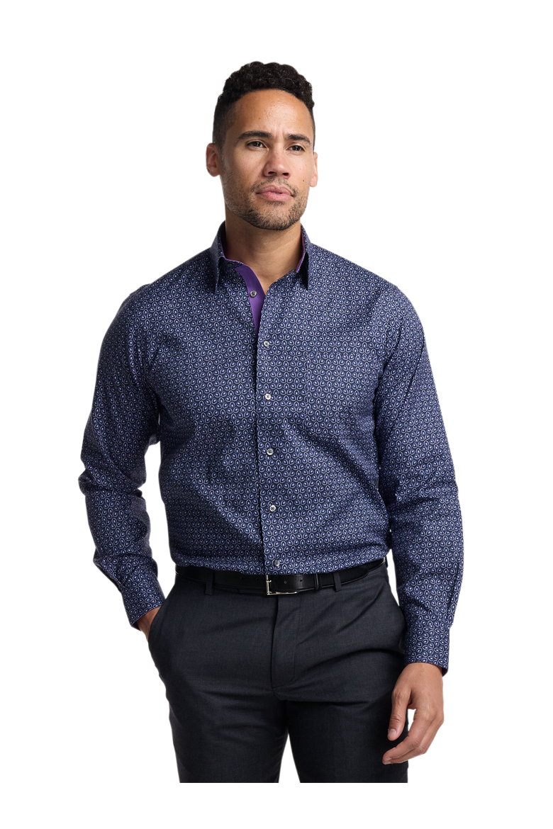 Cotton Buttondown Collar Broadcloth Classic Contrast Trim Button Cuff Long Sleeve Shirt, Alternate, color, Black/Purple