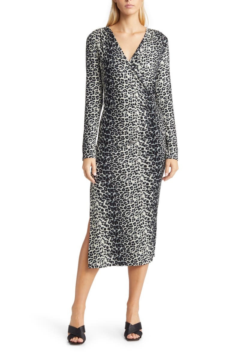 Leopard Print Ruched Faux Wrap Midi Dress, Main, color, GRAY BLACK