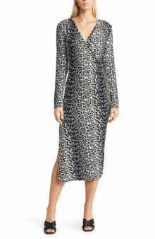 Loveappella Leopard Print Ruched Faux Wrap Midi Dress