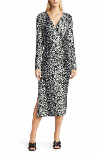 Loveappella Leopard Print Ruched Faux Wrap Midi Dress