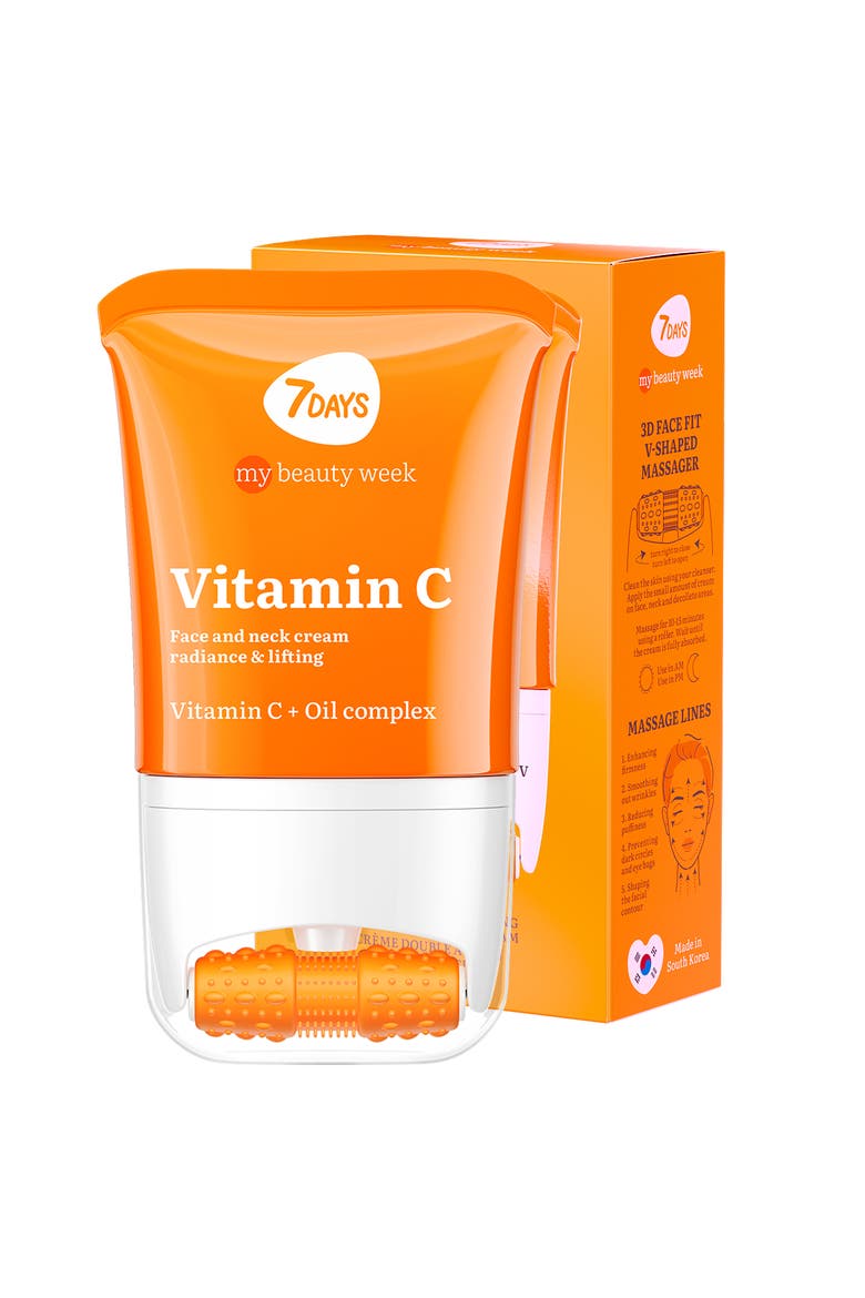 Face moisturizer with Vitamin C for Radiance & Lifting with 3D Massage Applicator, Main, color, White