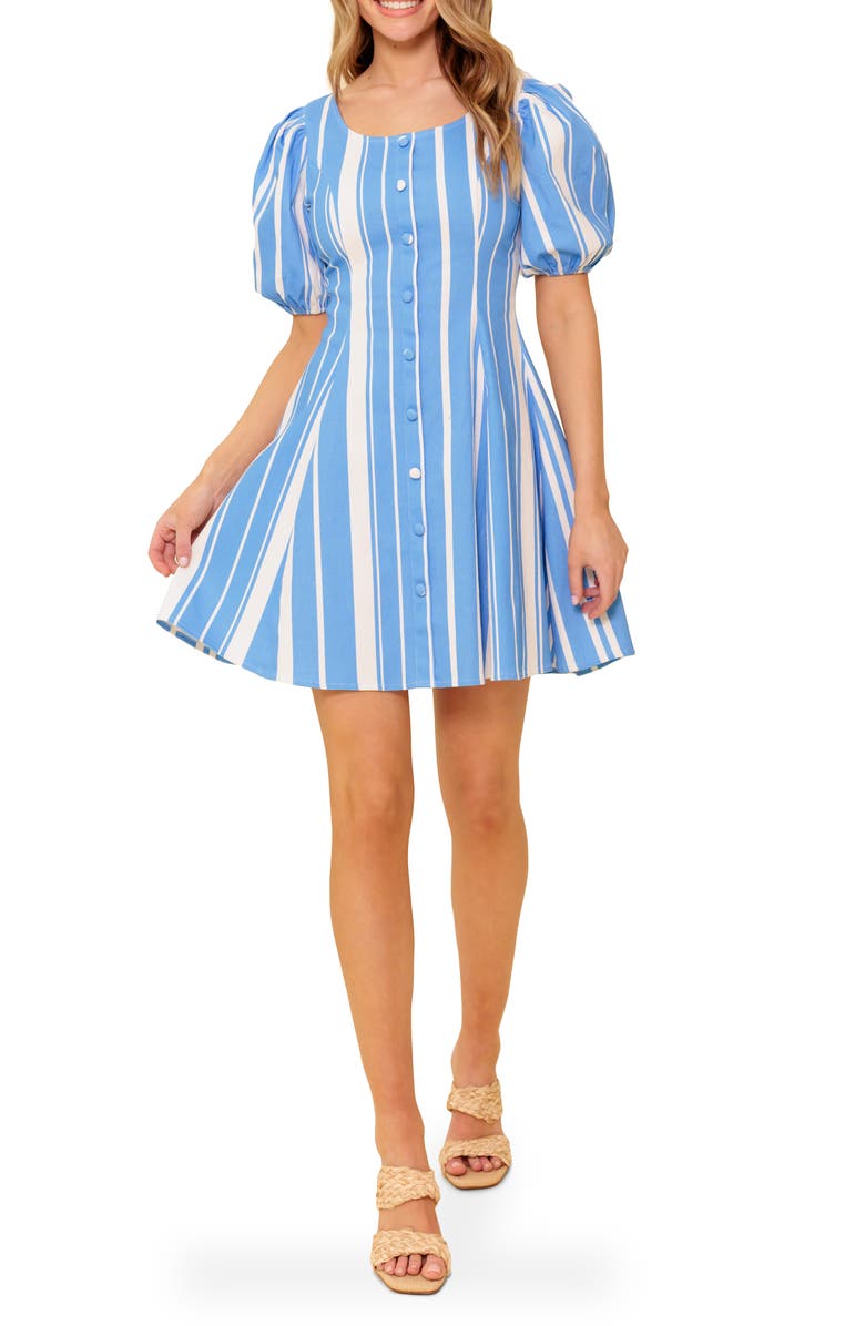 FLYING TOMATO Stripe Puff Sleeve Fit & Flare Minidress, Main, color, Ivory Blue