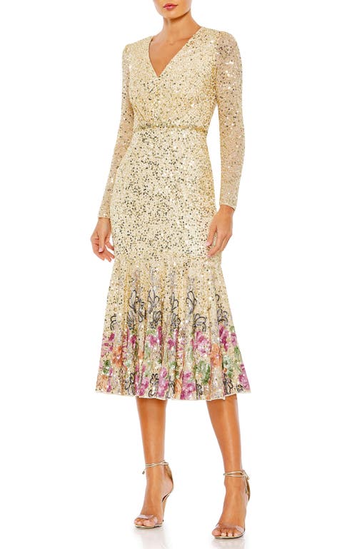 Mac Duggal Long Sleeve Faux Wrap Embellished Tea Length Dress In Gold Multi