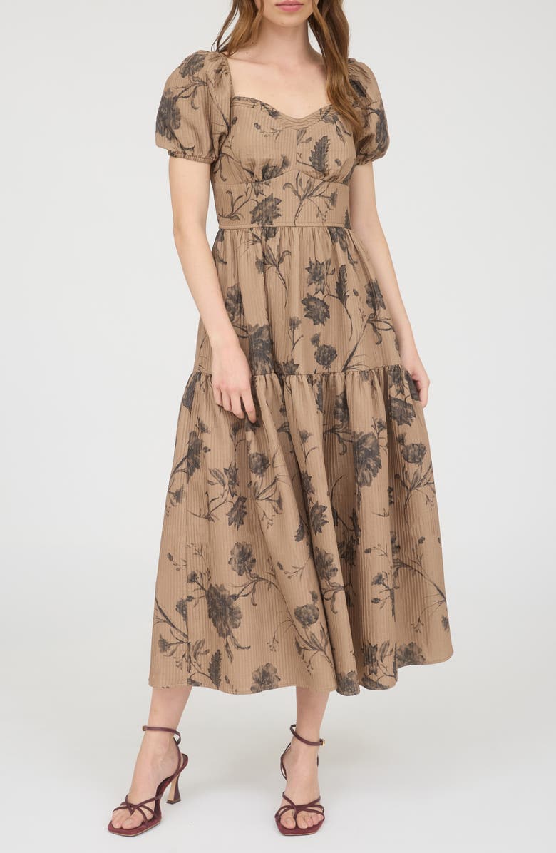 AUGUST SKY Puff Sleeve Midi Dress, Main, color, Khaki Multi