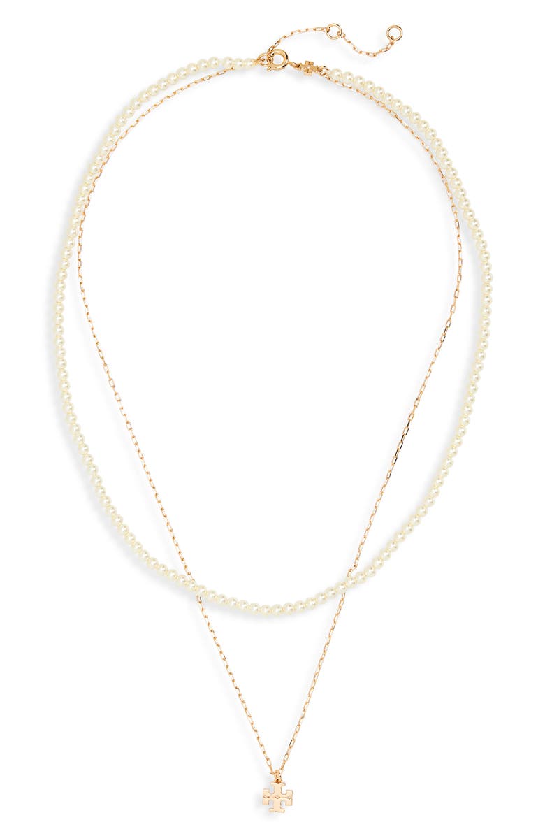 Tory Burch Kira Layered Faux Pearl Necklace, Main, color, Tory Gold / Pearl