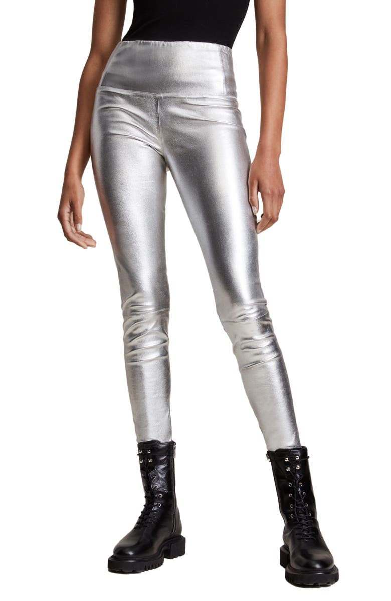 AllSaints Cora High Waist Foil Leather Leggings, Main, color, 