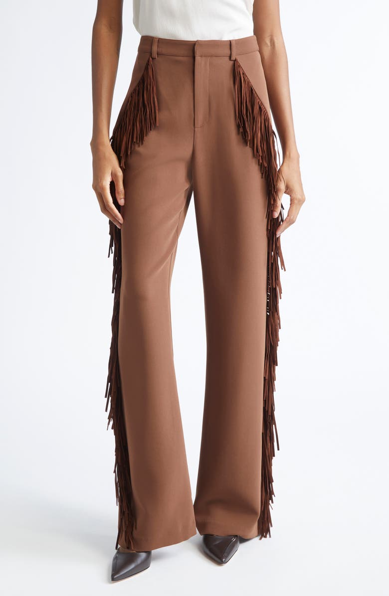 Cinq à Sept Fringe Trim Straight Leg Pants, Main, color, Dark Sepia