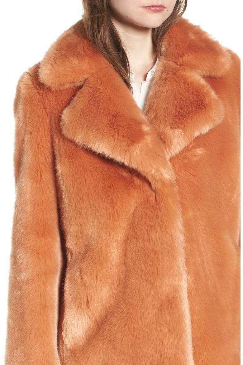 Notch Collar Faux Fur Coat, Alternate, color, FLAMINGO