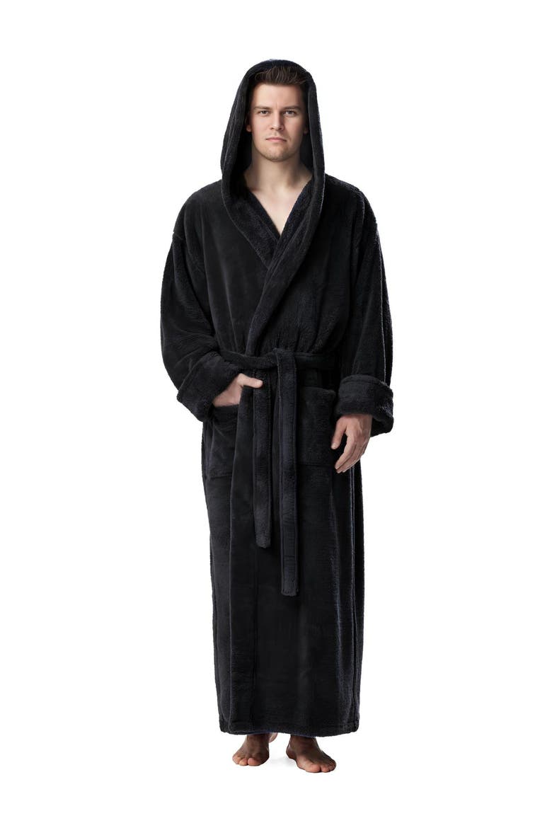 Men's Hooded Long Fleece Robe, Main, color, Black