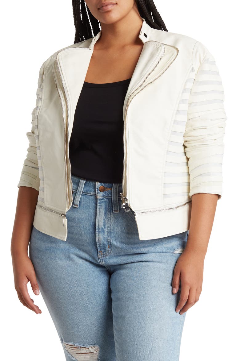 Striped Faux Leather Jacket, Main, color, WHITE