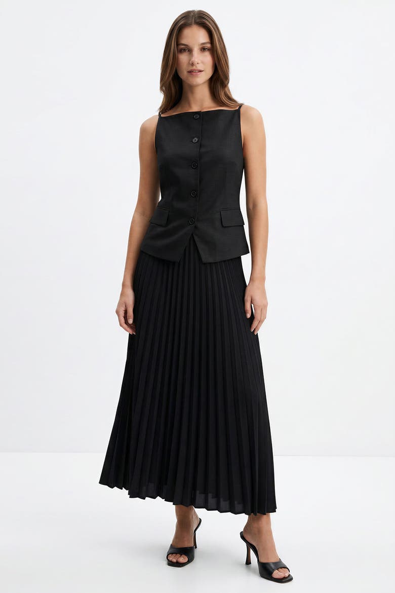 Angeletta Sleeveless Linen Trim Pleated Midi Dress, Alternate, color, Black