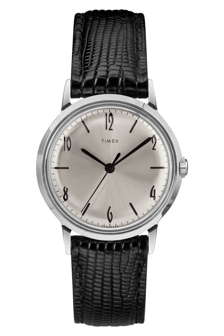 Marlin Leather Strap Watch, 34mm, Main, color, BLACK/ SILVER