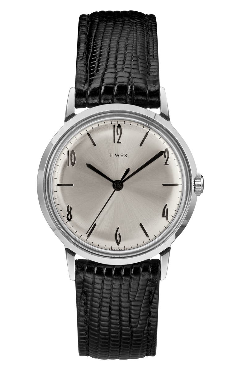 Timex<sup>®</sup> Marlin Leather Strap Watch, 34mm, Main, color, Black/ Silver