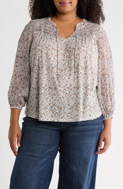 Split Neck Smocked Long Sleeve Top (Plus)