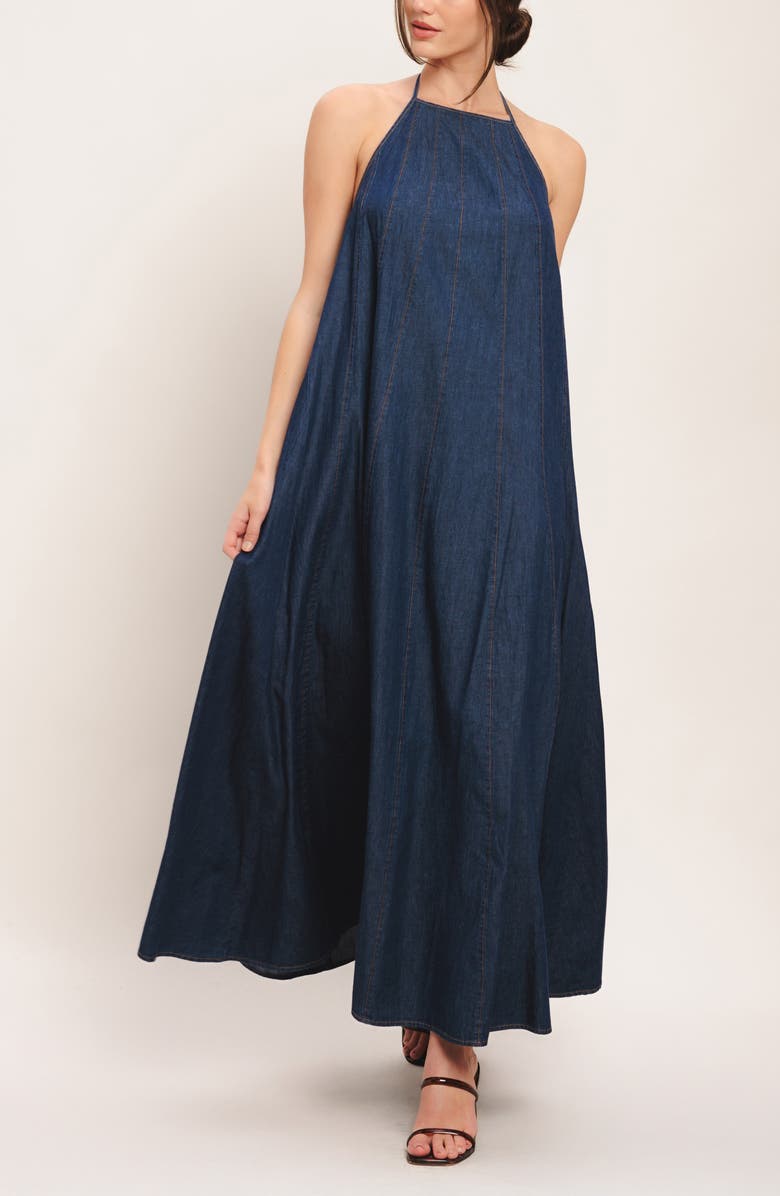 FLYING TOMATO Halter Denim Maxi Dress, Alternate, color, Dark Indigo