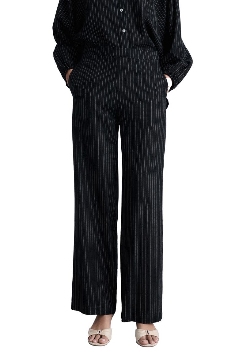 Pinstripe Straight Leg Pants, Main, color, BLACK