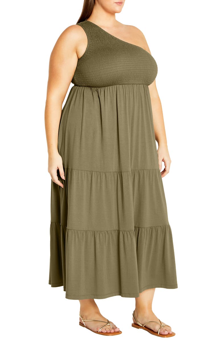 City Chic Darcy Smocked One Shoulder Dress, Alternate, color, Olive