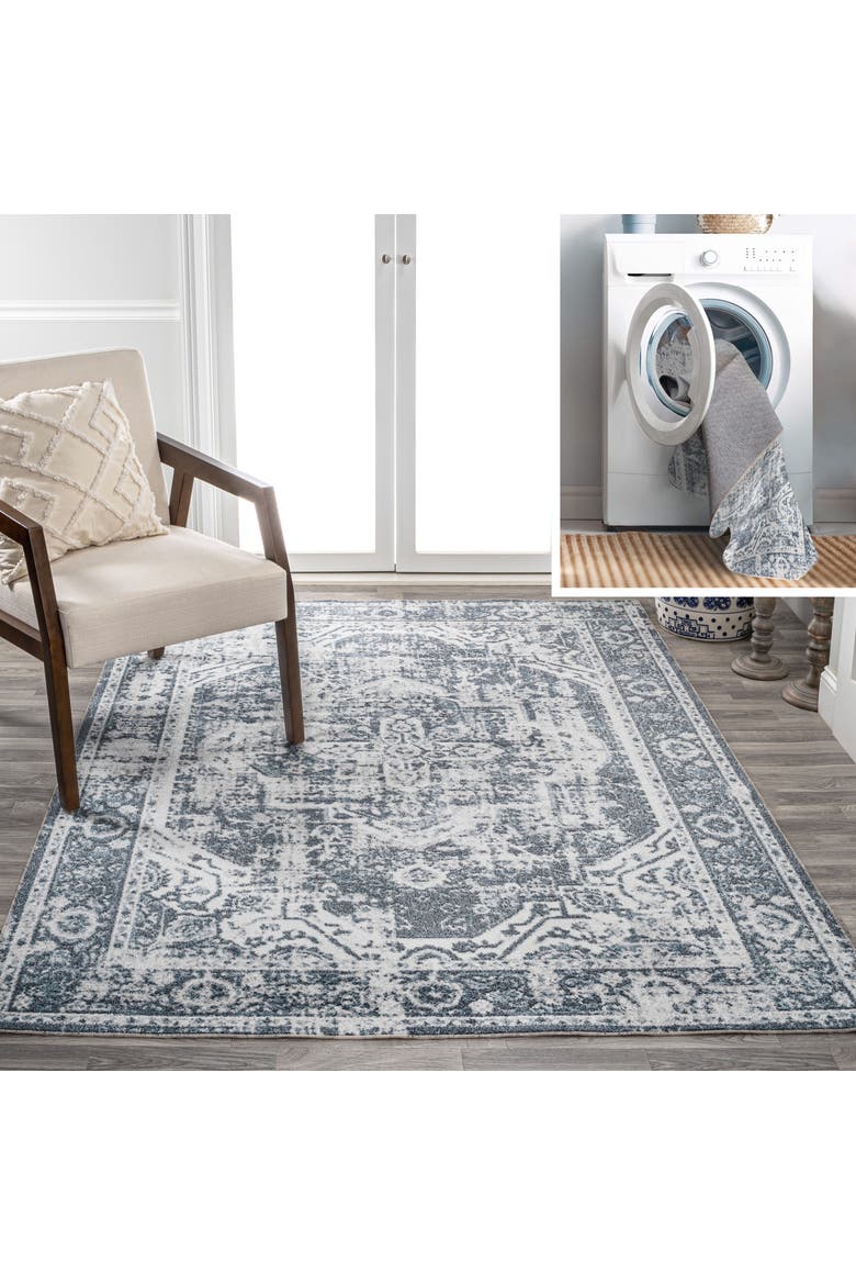 Keesha Bold Distressed Medallion Low-Pile Machine-Washable Area Rug, Main, color, Cream/Blue