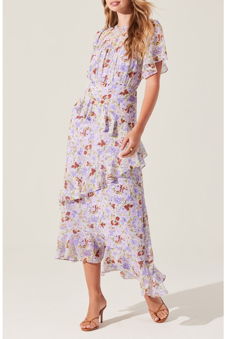 Floramae Floral Ruffle Detail Short Sleeve Midi Dress, Alternate, color, LAVENDER FLORAL