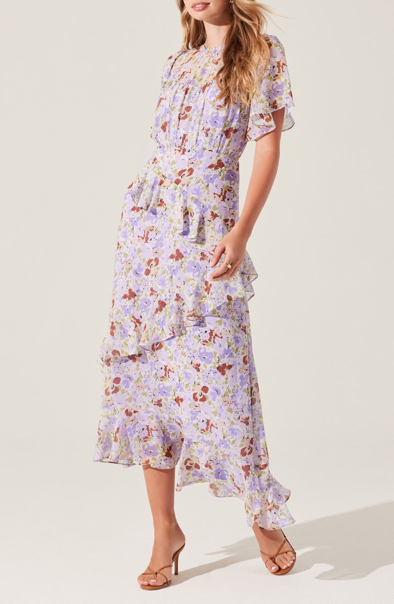 ASTR the Label Floramae Floral Ruffle Detail Short Sleeve Midi Dress, Alternate, color, Lavender Floral