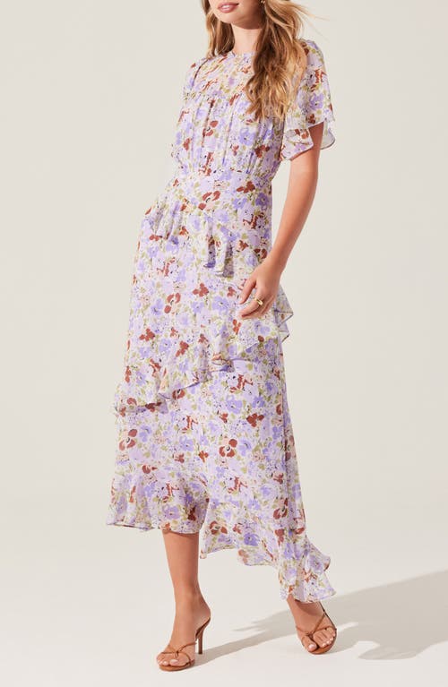 Astr The Label Floramae Floral Ruffle Detail Short Sleeve Midi Dress In Lavender Floral