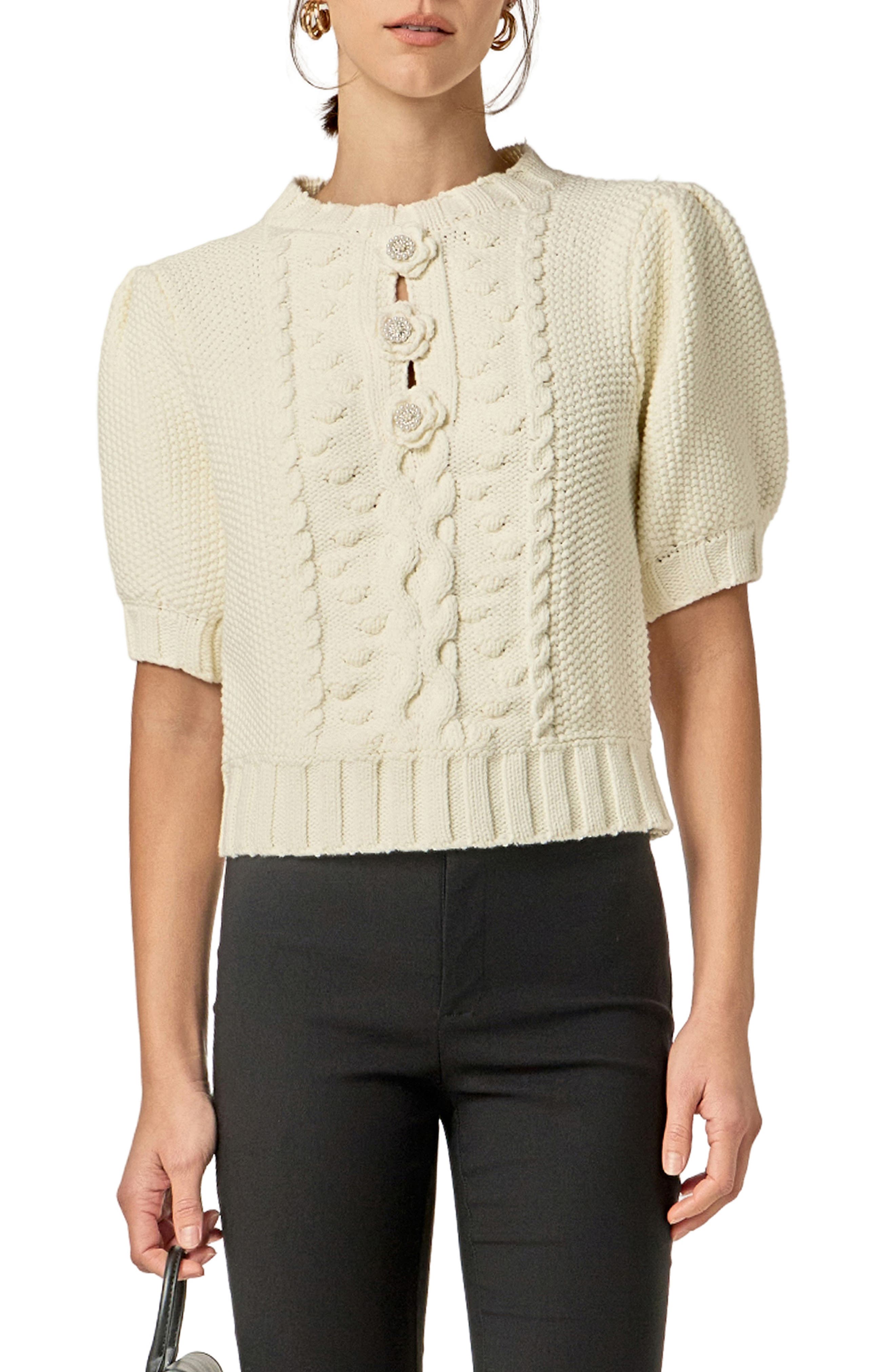 Cable Stitch Puff Sleeve Cardigan