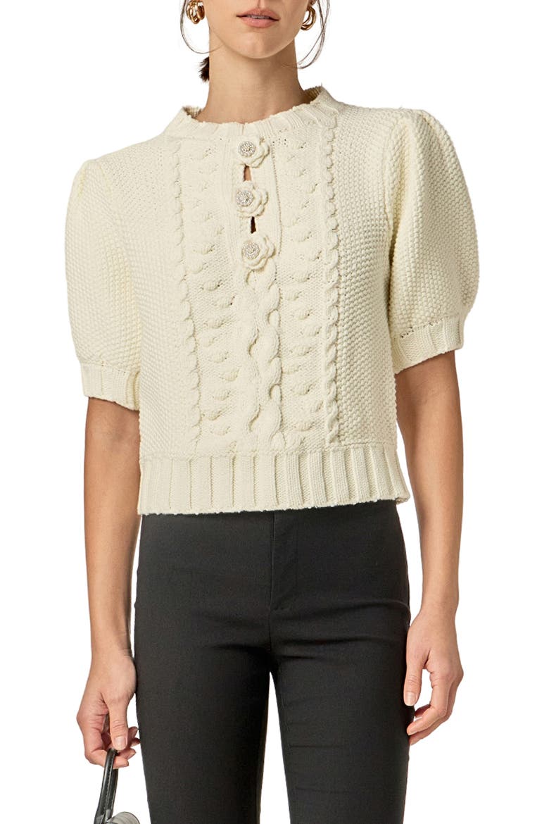 Cable Stitch Puff Sleeve Cardigan, Main, color, OFF WHITE