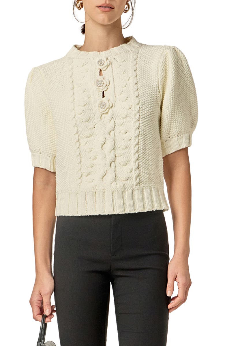 English Factory Cable Stitch Puff Sleeve Cardigan, Main, color, Off White