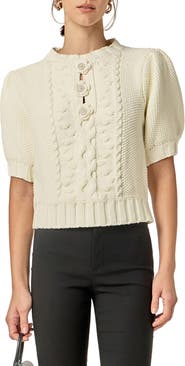 English Factory Cable Stitch Puff Sleeve Cardigan