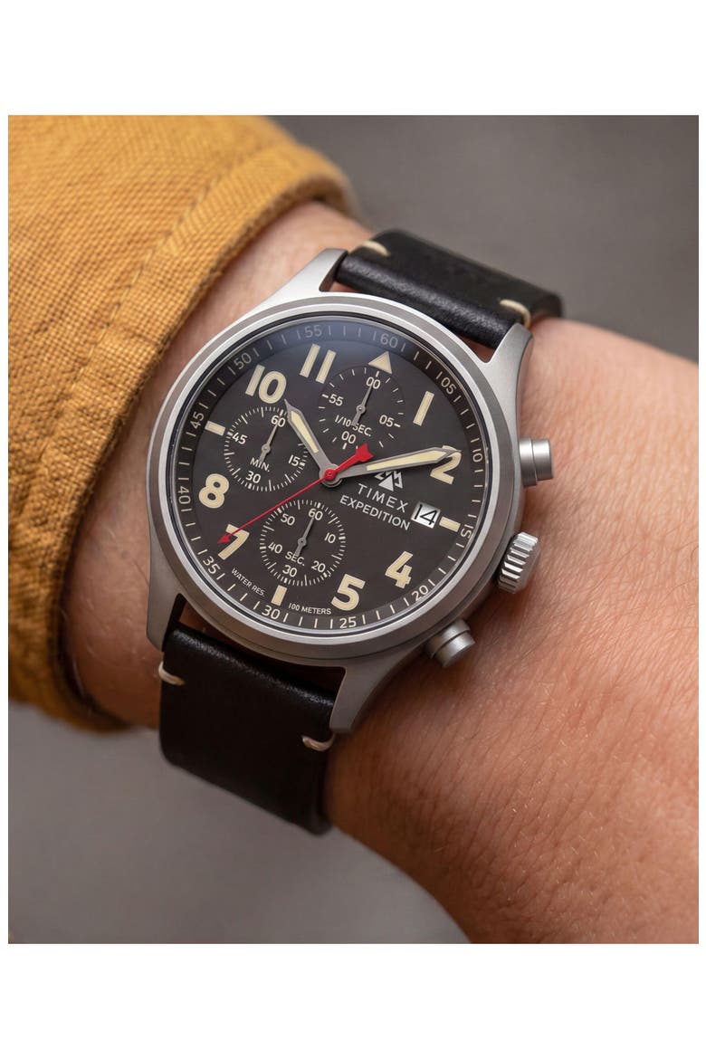 Expedition Sierra Chronograph Leather Strap Watch, Alternate, color, BLACK