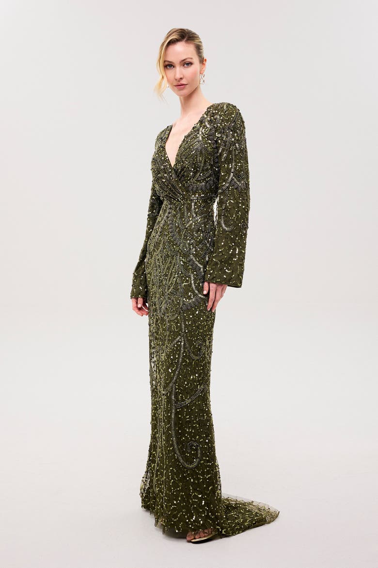 Embellished Sequin Abstract Gown, Alternate, color, Olive