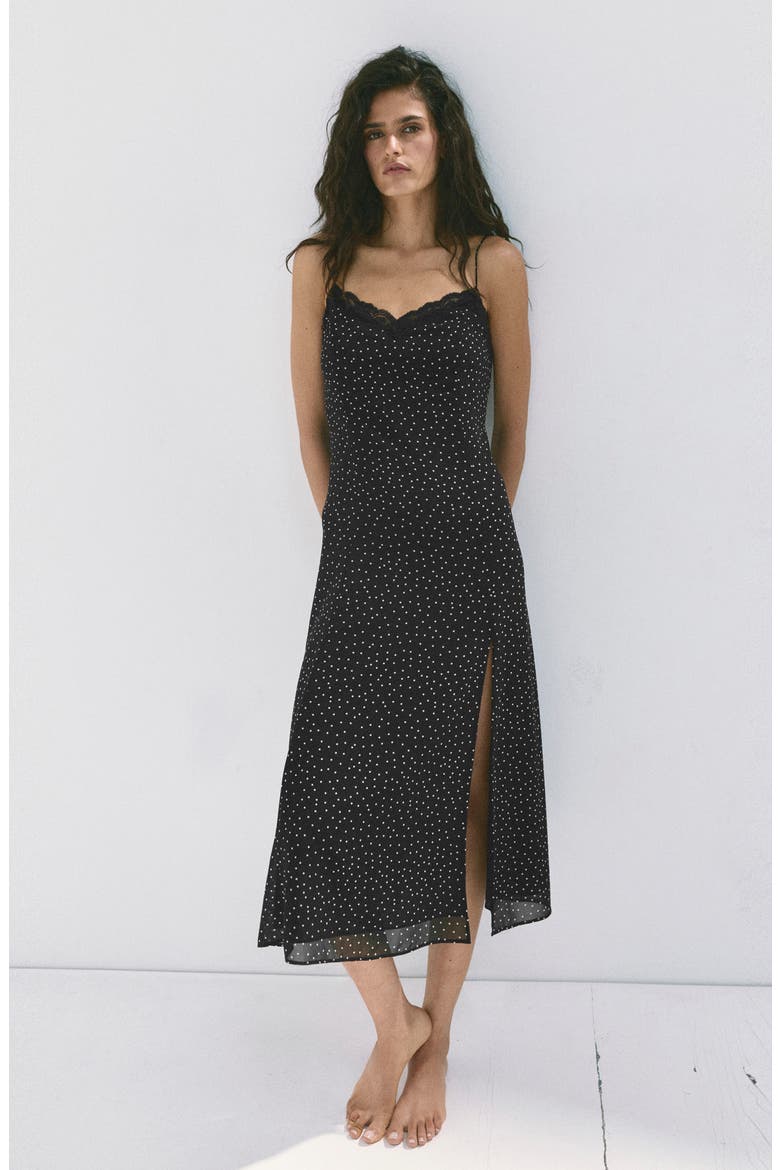 Polka-Dotted Dress with Lace Detail, Alternate, color, BLACK