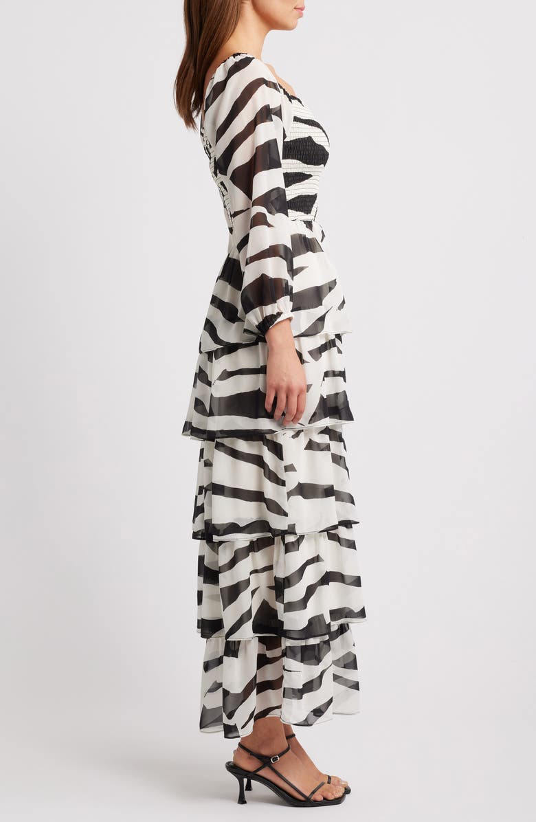 Chelsea28 Smocked Tiered Long Sleeve Maxi Dress, Alternate, color, Black- Ivory Geo