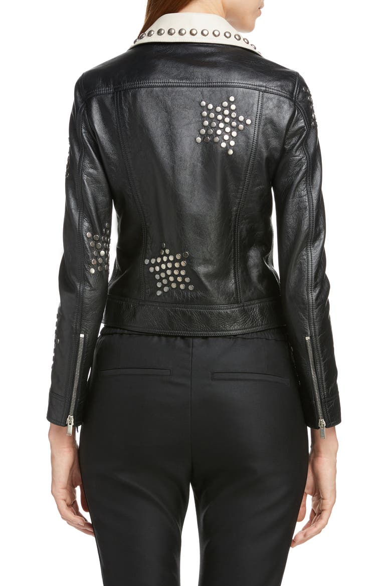 Contrast Lapel Studded Leather Jacket, Alternate, color, NOIR / CREME / COGNAC / SILVER