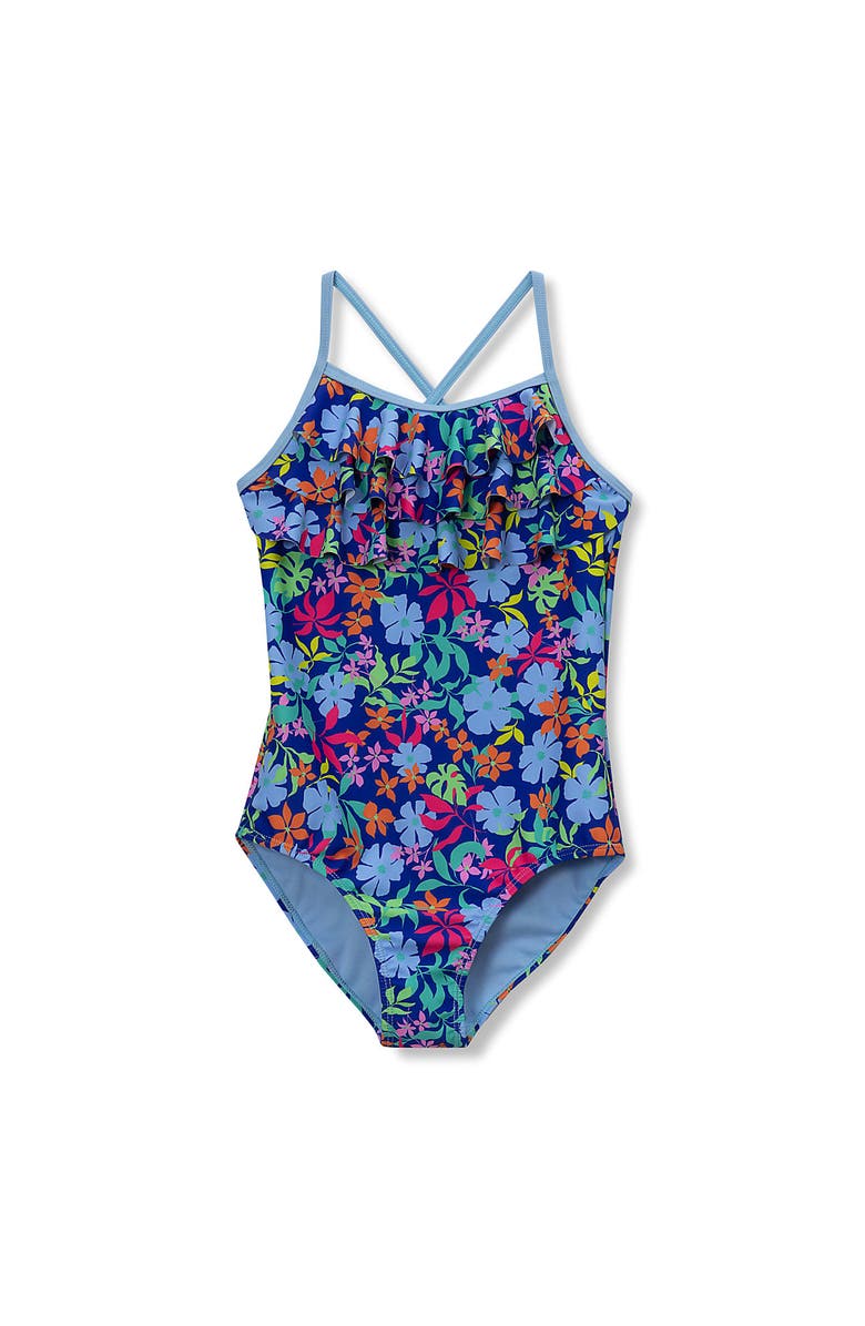 Lands' End Girls Chlorine Resistant X-Back Ruffle One Piece Swimsuit, Main, color, Blue/Multi Floral