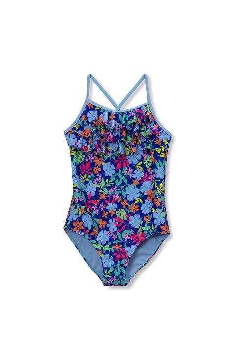 Girls Chlorine Resistant X-Back Ruffle One Piece Swimsuit