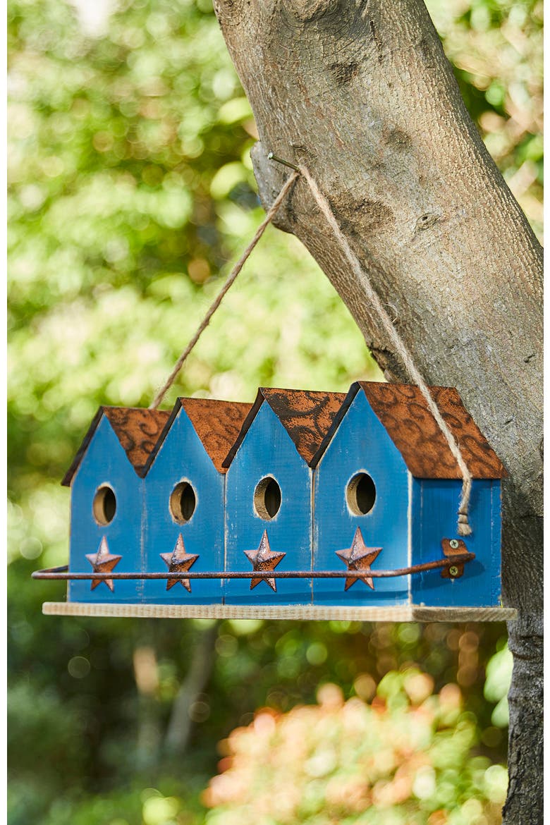 17"L Retro Blue Distressed Solid Wood Birdhouse with Perch, Alternate, color, Blue