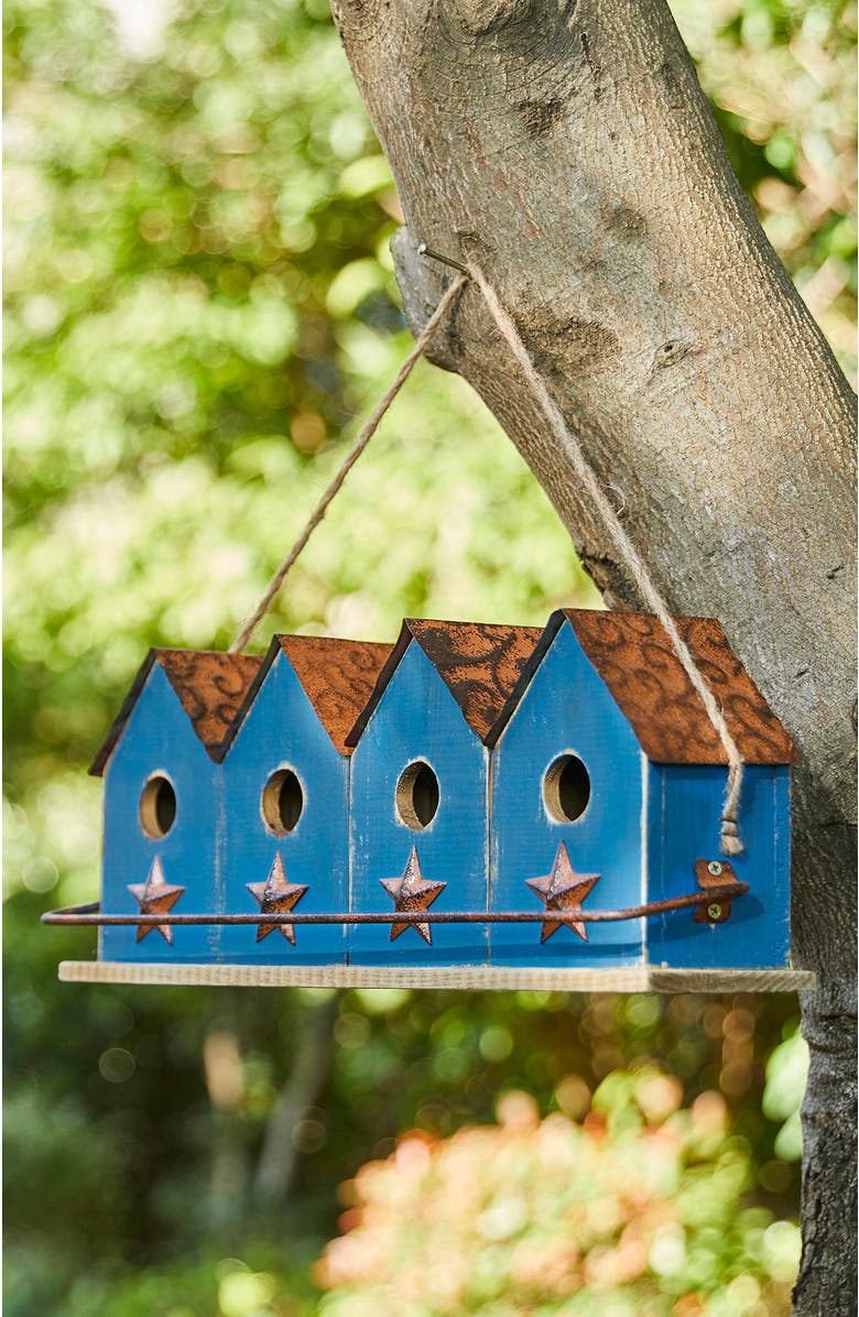 Glitzhome 17"L Retro Blue Distressed Solid Wood Birdhouse with Perch, Alternate, color, Blue