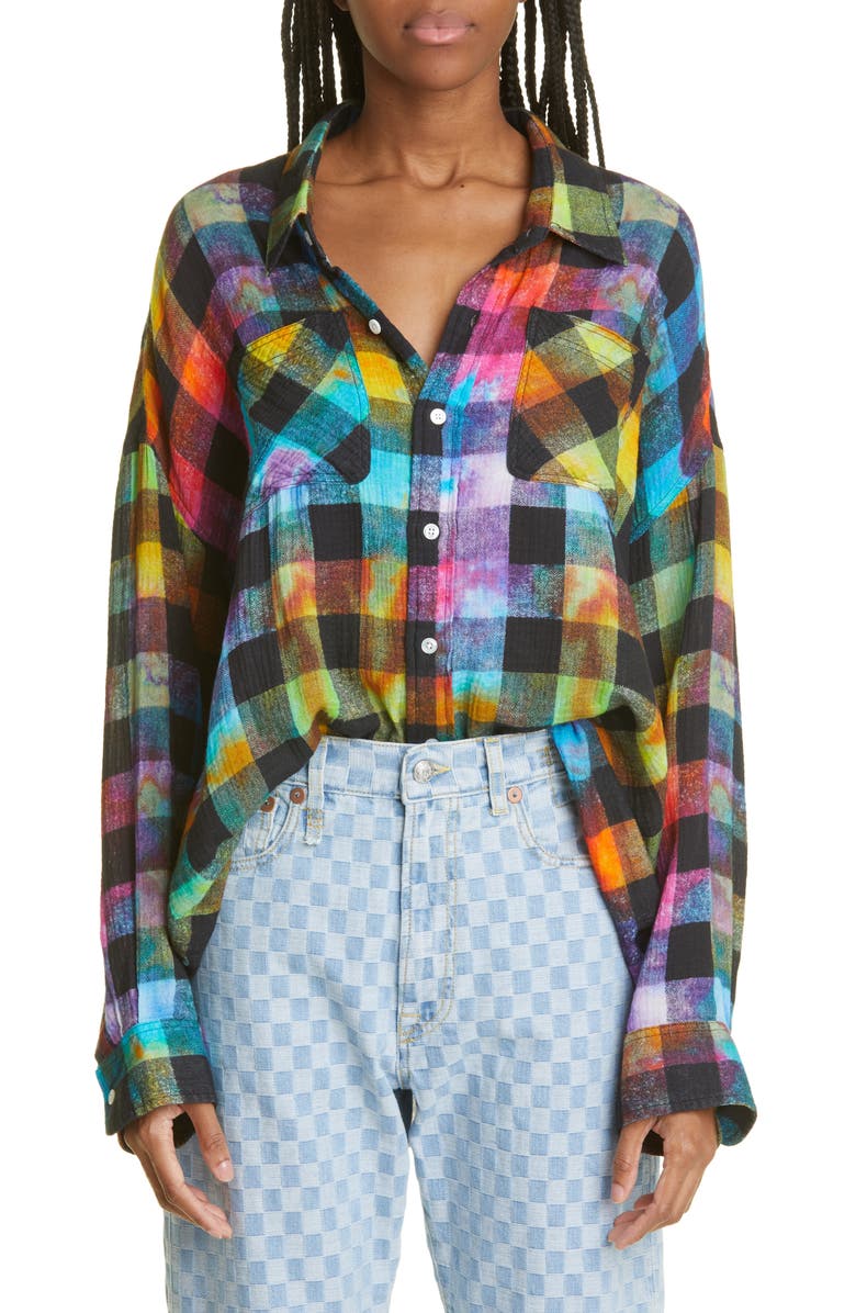 R13 Rainbow Plaid Oversize Button-Up Shirt, Main, color, 