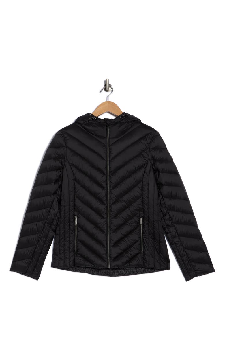 Michael Kors Hooded Packable Chevron Quilted Jacket, Alternate, color, Black