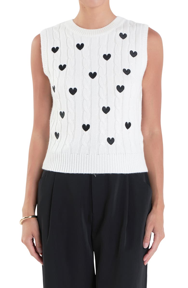 English Factory Heart Embroidered Sleeveless Cable Sweater, Alternate, color,