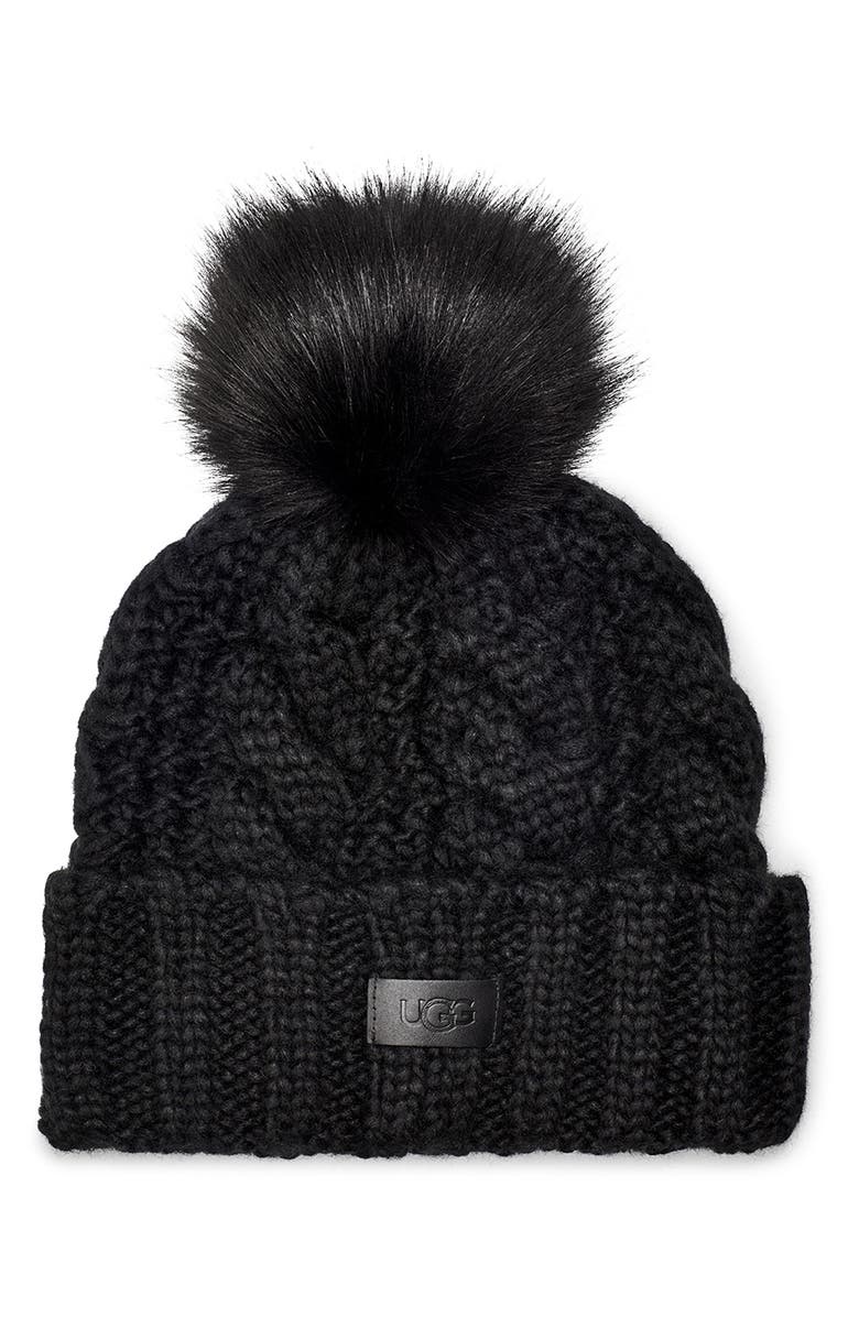 UGG<sup>®</sup> Cable Knit Beanie with Faux Fur Pom, Main, color,
