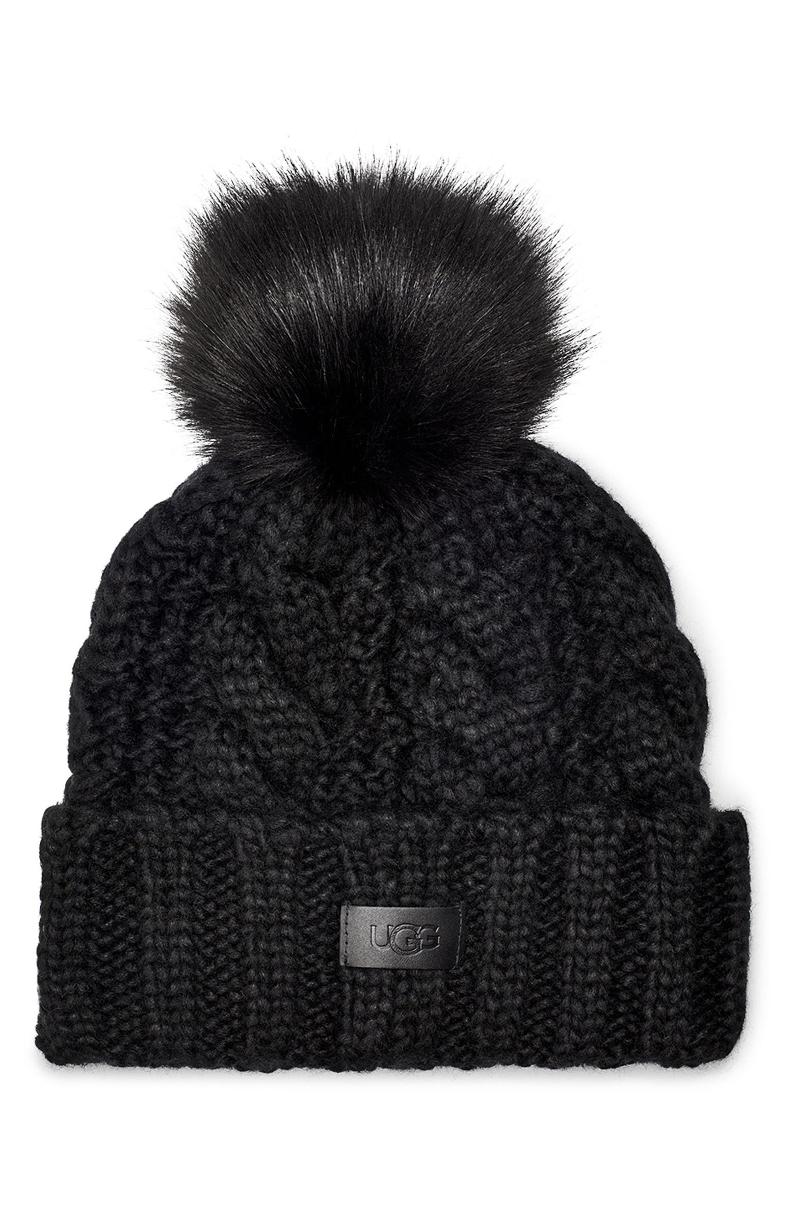 Ugg Cable Knit Beanie With Faux Fur Pom