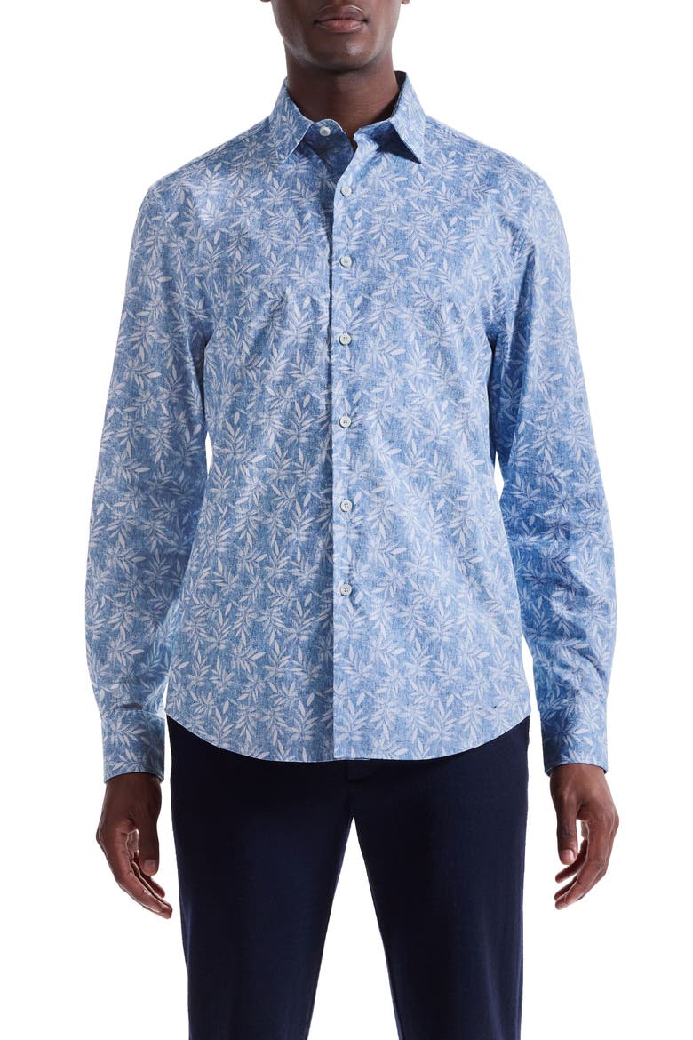 Julian Shaped Fit Leaf Print Cotton Button-Up Shirt, Main, color, AIR BLUE